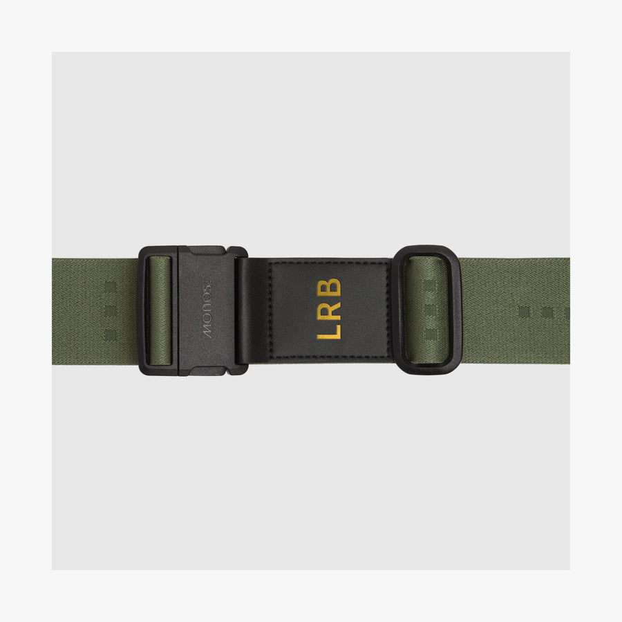 Olive Green | Front view of an Olive Green Luggage Strap featuring gold monogrammed letters