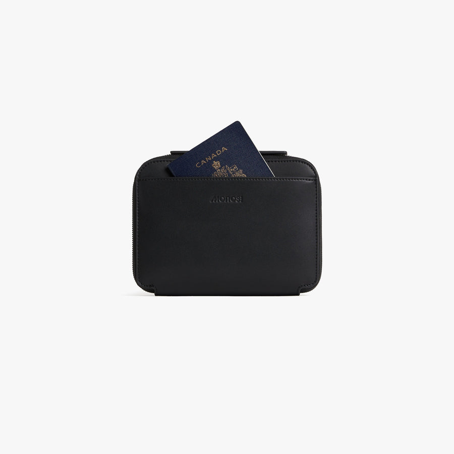 Carbon Black (Vegan Leather) | Front pouch view of Metro Belt Bag in Carbon Black