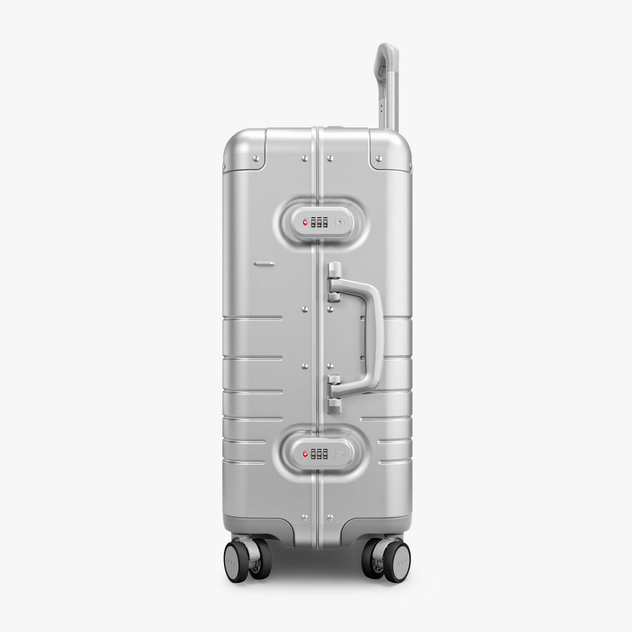 Aspen Silver | Side view of Aluminum Carry-On Plus in Aspen Silver