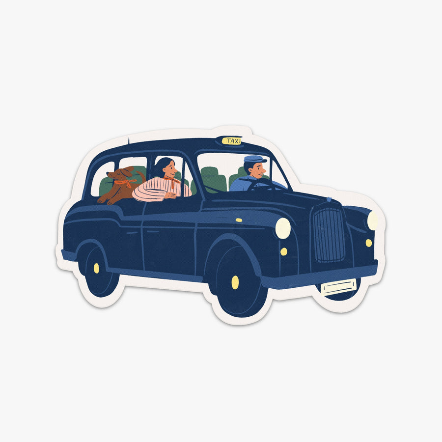 London | Destination Stickers London blue taxi with a person and a dog