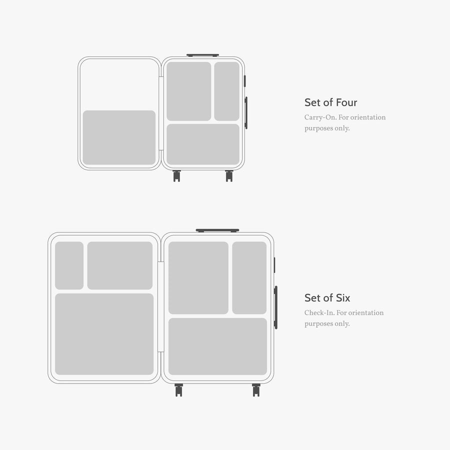 Set of Six / Poplin Stripe Coastal Blue | Diagram showing the layout and capacity of the Set of Four and Set of Six compressible packing cube collections