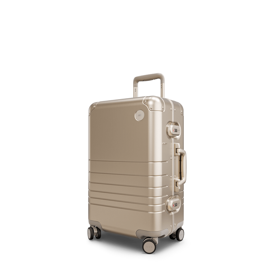 Champagne Gold Hover | Angel view of Aluminum Carry-On Plus in Champagne Gold