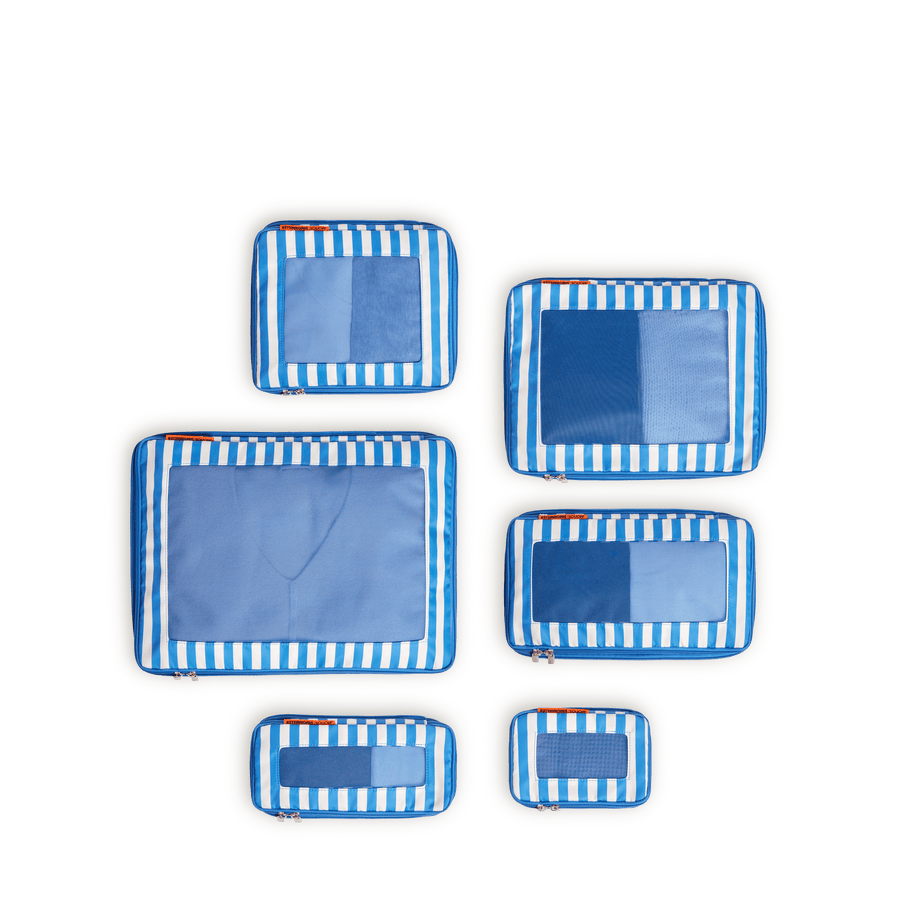 Set of Six / Poplin Stripe Coastal Blue Scaled | Set of four Poplin Stripe Coastal Blue compressible packing cubes arranged flat to show all sizes