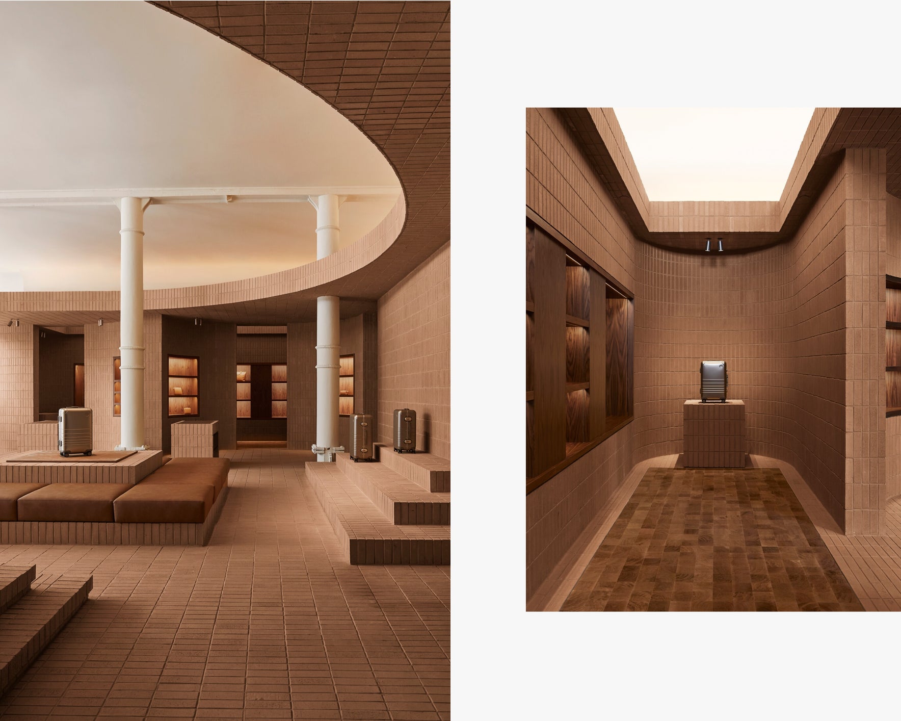 Monos SoHo store interior with terracotta tiles, minimalist arches, and warm wood accents.