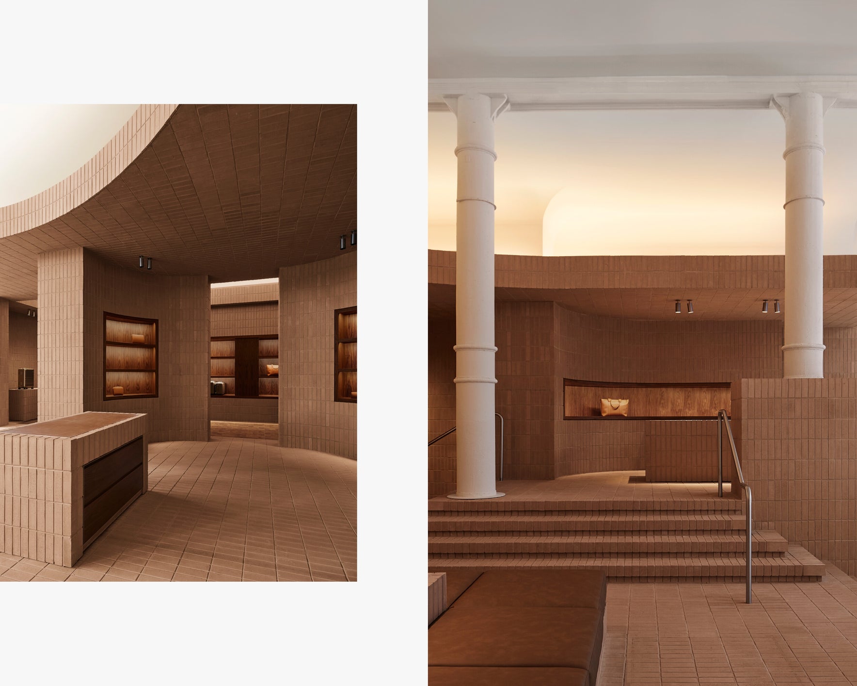 Monos SoHo store interior with terracotta brick walls, white columns, and warm wood shelving.