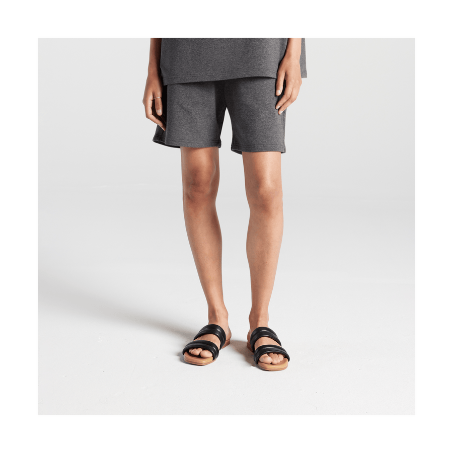 Heather Charcoal Scaled | Front view of woman in Kyoto Shorts in Heather Charcoal
