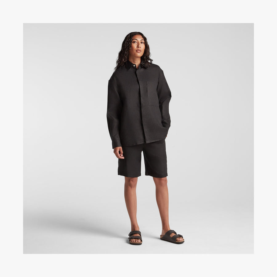 Black | Full body front view of woman in Algarve Shirt in Black