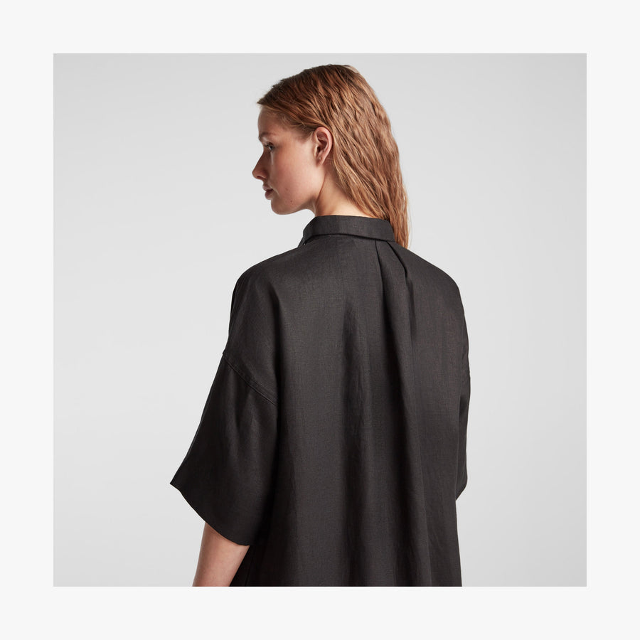 Black | Shoulder view of Algarve Shirt Dress in Black