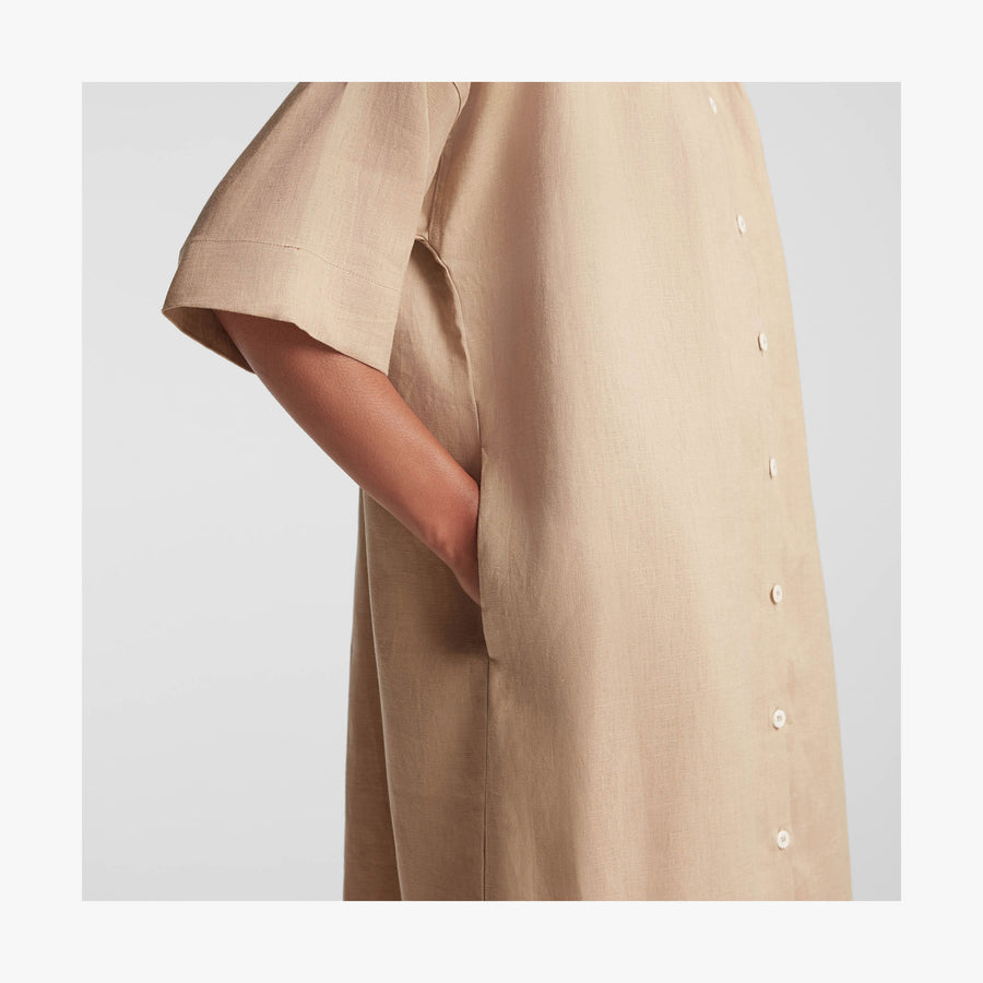 Cliff Stone | Shoulder view of Algarve Shirt Dress in Cliff Stone