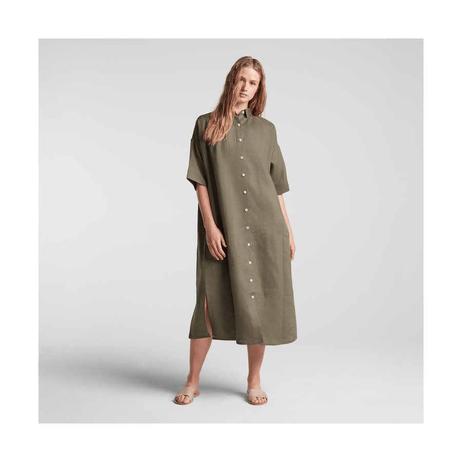 Dune Grass Scaled | Front view of Algarve Shirt Dress in Dune Grass
