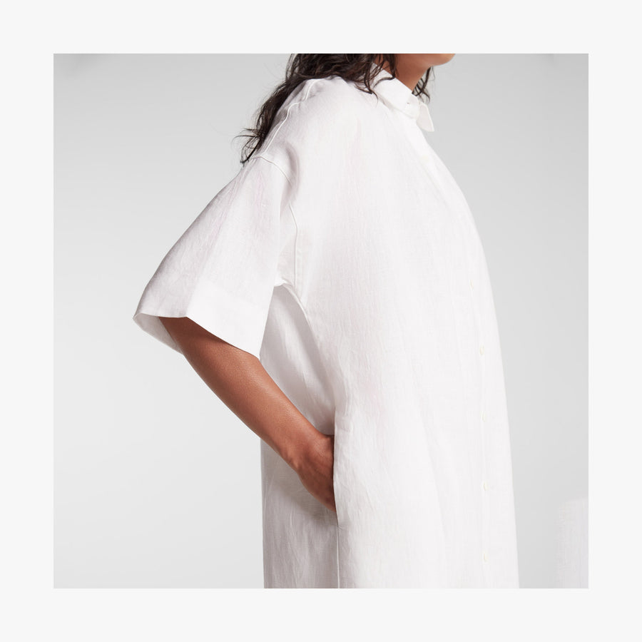 White | Shoulder view of Algarve Shirt Dress in White