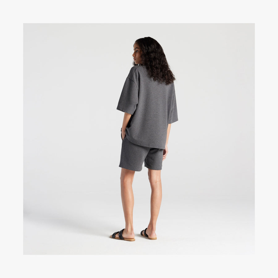 Heather Charcoal | Full body back view of woman in Kyoto Shorts in Heather Charcoal