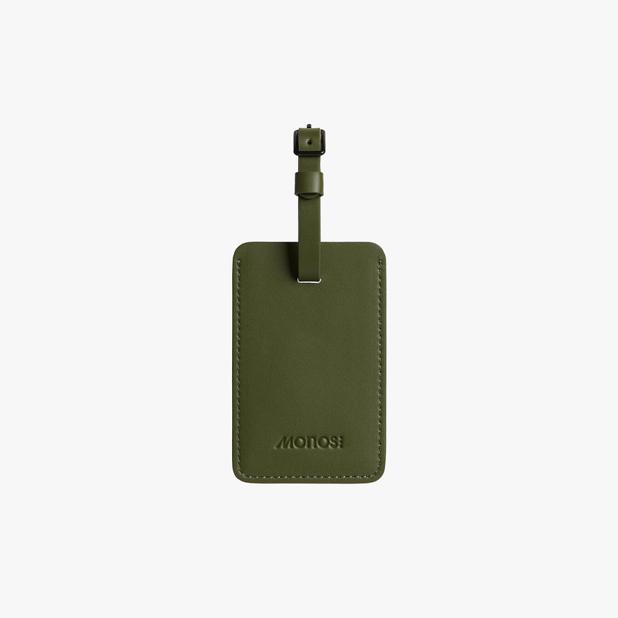 Olive green, luggage tag, vegan leather accessories | monos travel luggage and bags