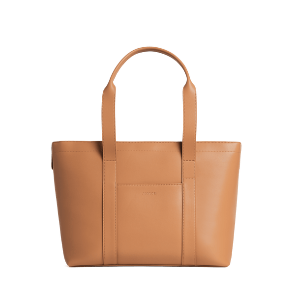 Saddle Tan (Vegan Leather) Scaled | Front view of Metro Tote Saddle Tan