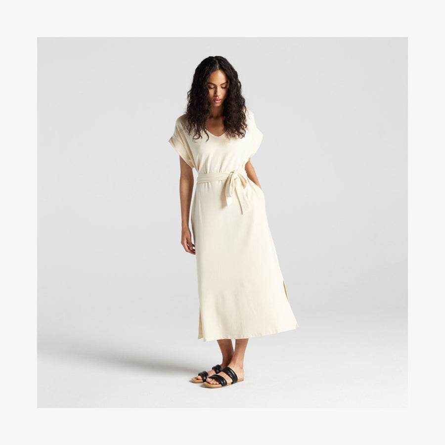 Cream | Full body front view with waist strap of woman in Sevilla Dress Cream