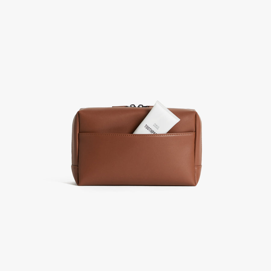 Large / Mahogany (Vegan Leather) | Back view showing pocket of Metro Toiletry Case Large in Mahogany